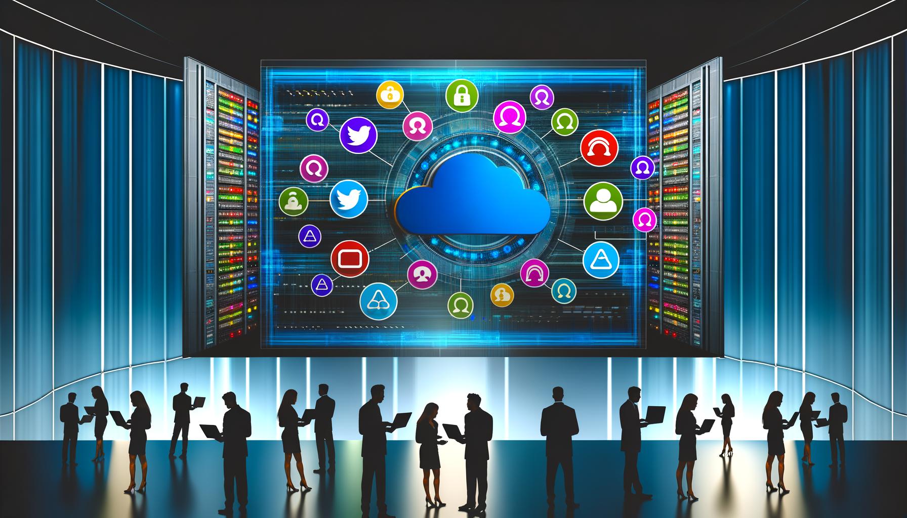 Futuristische digitale Marketingzentrale mit Dashboard, API-Icons, Datenströmen, Marketing-Profis und servergespicktem Hintergrund