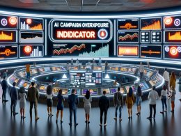 Futuristischer Marketing-Kontrollraum mit digitalen Bildschirmen, KI-Überbelastungsindikator und besorgten Marketingfachleuten vor Warnhinweisen zu Werbeüberlastung.