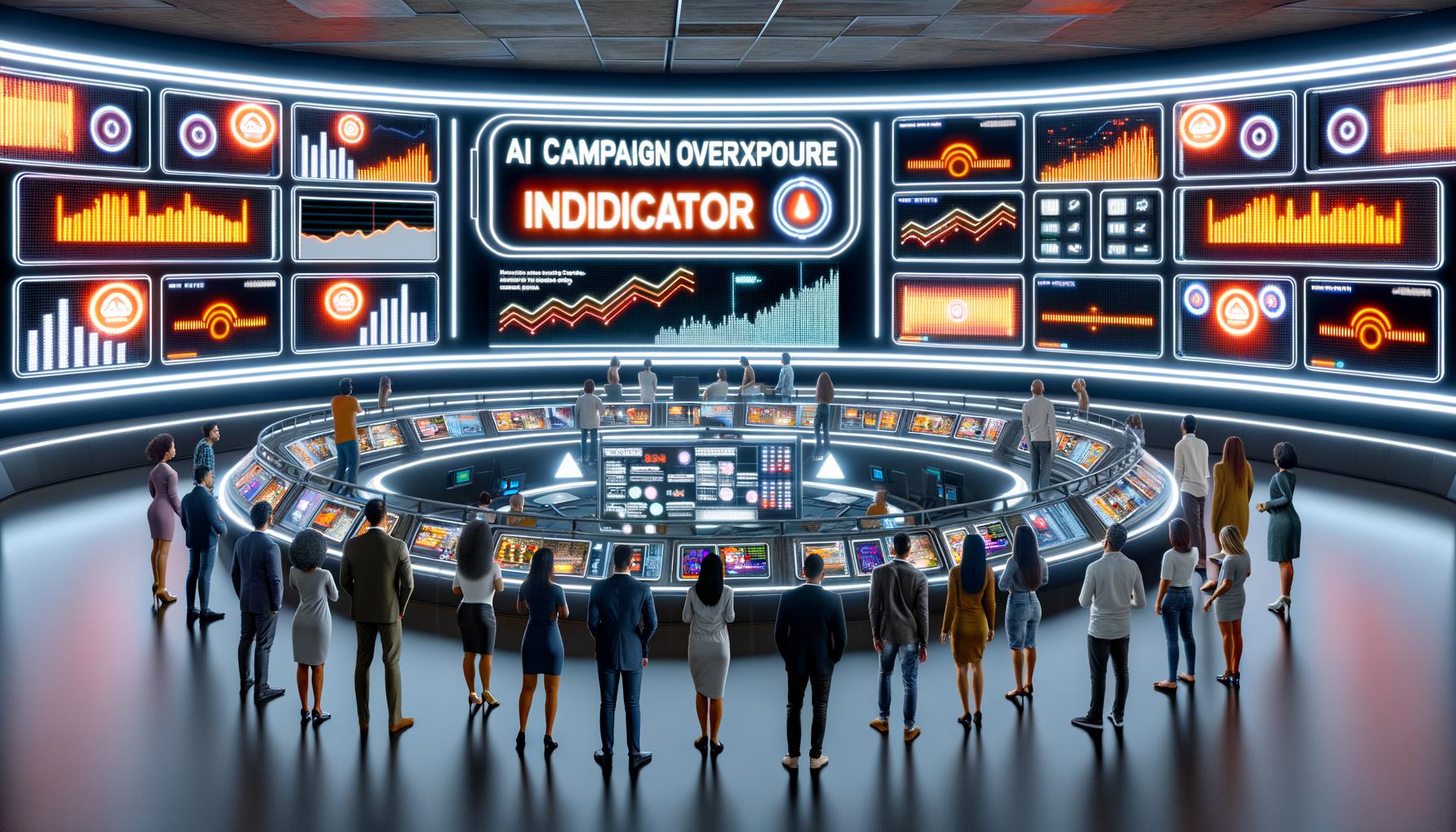Futuristischer Marketing-Kontrollraum mit digitalen Bildschirmen, KI-Überbelastungsindikator und besorgten Marketingfachleuten vor Warnhinweisen zu Werbeüberlastung.