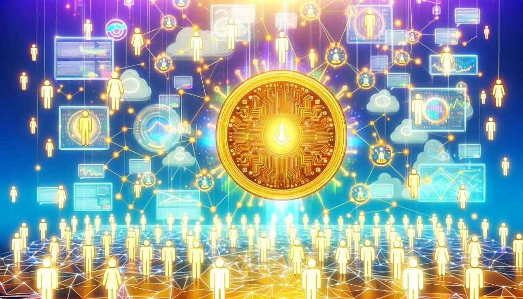 Futuristische Illustration einer lebendigen Blockchain-Welt mit goldenen Token, vernetzten Knoten für Smart Contracts, NFTs, Governance und Utility-Tokens, umgeben von abstrakten Nutzern und schwebenden Diagrammen.