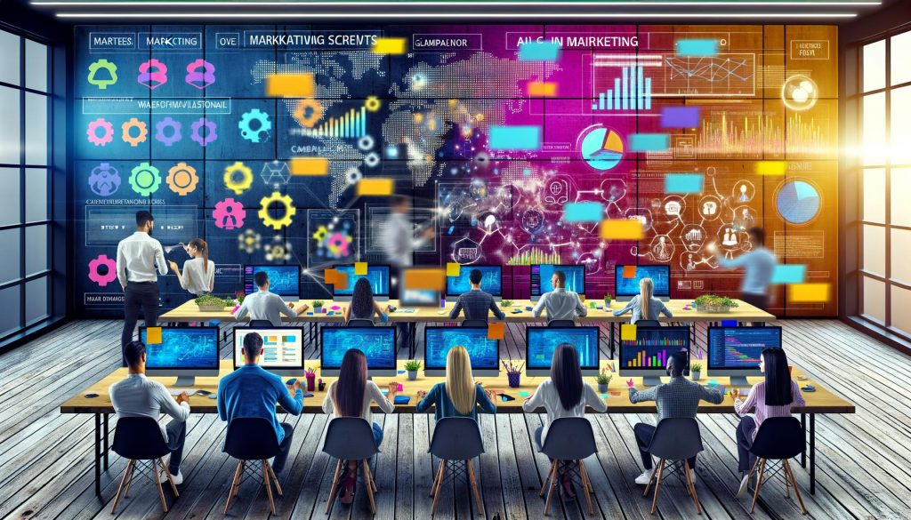 Marketer und Data Scientists in modernem Office mit großen Bildschirmen, Datenströmen, Kampagnen-Post-its und KI-Dashboards für innovative Marketingprozesse.