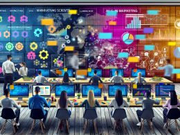 Marketer und Data Scientists in modernem Office mit großen Bildschirmen, Datenströmen, Kampagnen-Post-its und KI-Dashboards für innovative Marketingprozesse.