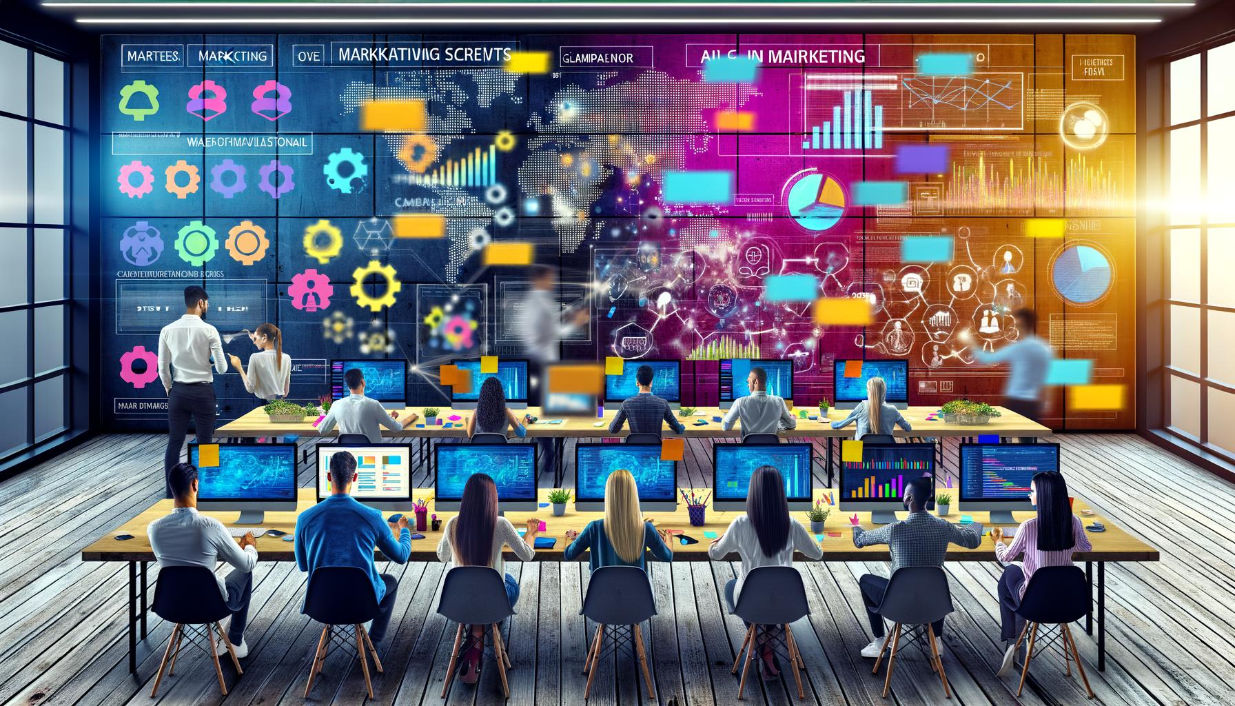 Marketer und Data Scientists in modernem Office mit großen Bildschirmen, Datenströmen, Kampagnen-Post-its und KI-Dashboards für innovative Marketingprozesse.