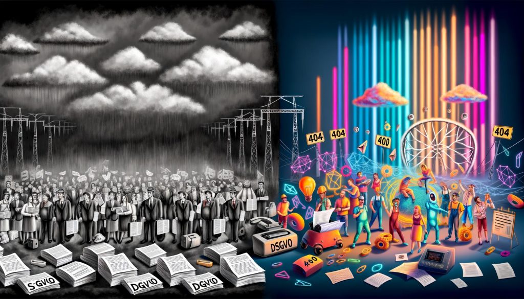 Illustration zeigt den Kontrast zwischen bürokratischem Deutschland mit Papierstapeln und innovativem, digital fortschrittlichem Deutschland mit jungen Tech-Experten und Roboter.