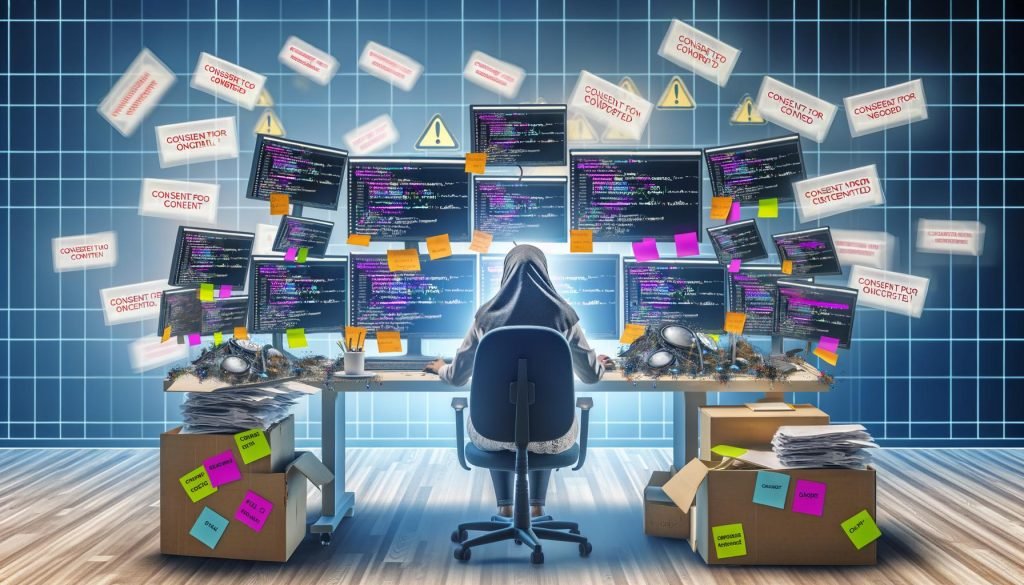 Digitale Illustration eines frustrierten Webentwicklers an einem unordentlichen Schreibtisch, umgeben von Monitoren mit Google Analytics, gtag.js, Consent-Bannern, Warnsymbolen und Fehlernachrichten zur DSGVO.