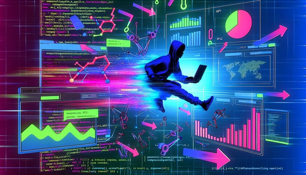 Schwebendes Dashboard mit Datenvisualisierungen, energetische Person mit Hoodie und Laptop in Neonfarben, umgeben von API-Symbolen und Code-Schnipseln vor digitalem Hintergrund.
