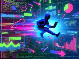 Schwebendes Dashboard mit Datenvisualisierungen, energetische Person mit Hoodie und Laptop in Neonfarben, umgeben von API-Symbolen und Code-Schnipseln vor digitalem Hintergrund.