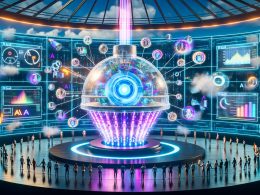 Futuristische Marketing-Szenerie mit transparent-leuchtendem Reaktor, KI-Symbolik, fließenden Datenströmen, animierten Digitalanzeigen und erstaunten Marketers vor Analytics-Dashboards.