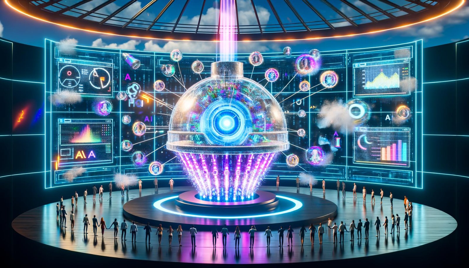 Futuristische Marketing-Szenerie mit transparent-leuchtendem Reaktor, KI-Symbolik, fließenden Datenströmen, animierten Digitalanzeigen und erstaunten Marketers vor Analytics-Dashboards.