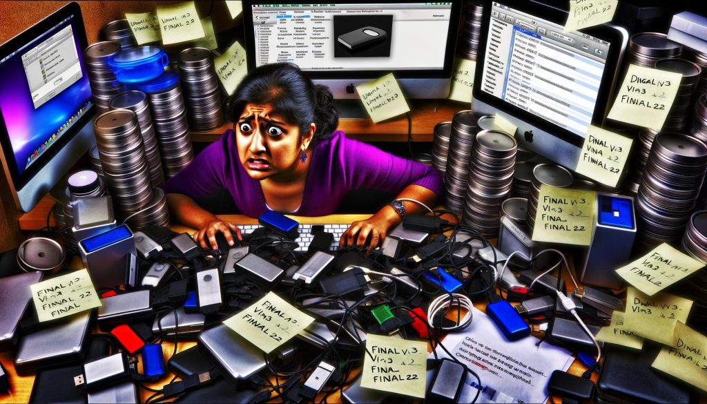 Überladener digitaler Arbeitsplatz voller externer Festplatten, USB-Sticks, wirrer Ordner und Dateien – eine Person sucht hektisch nach einer bestimmten Datei.