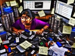 Überladener digitaler Arbeitsplatz voller externer Festplatten, USB-Sticks, wirrer Ordner und Dateien – eine Person sucht hektisch nach einer bestimmten Datei.