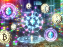 Futuristische Darstellung eines digitalen Marktplatzes mit bunten Token, Blockchain-Knoten, Smart Contracts und User-Avataren, die für Interaktionen Token-Belohnungen erhalten.