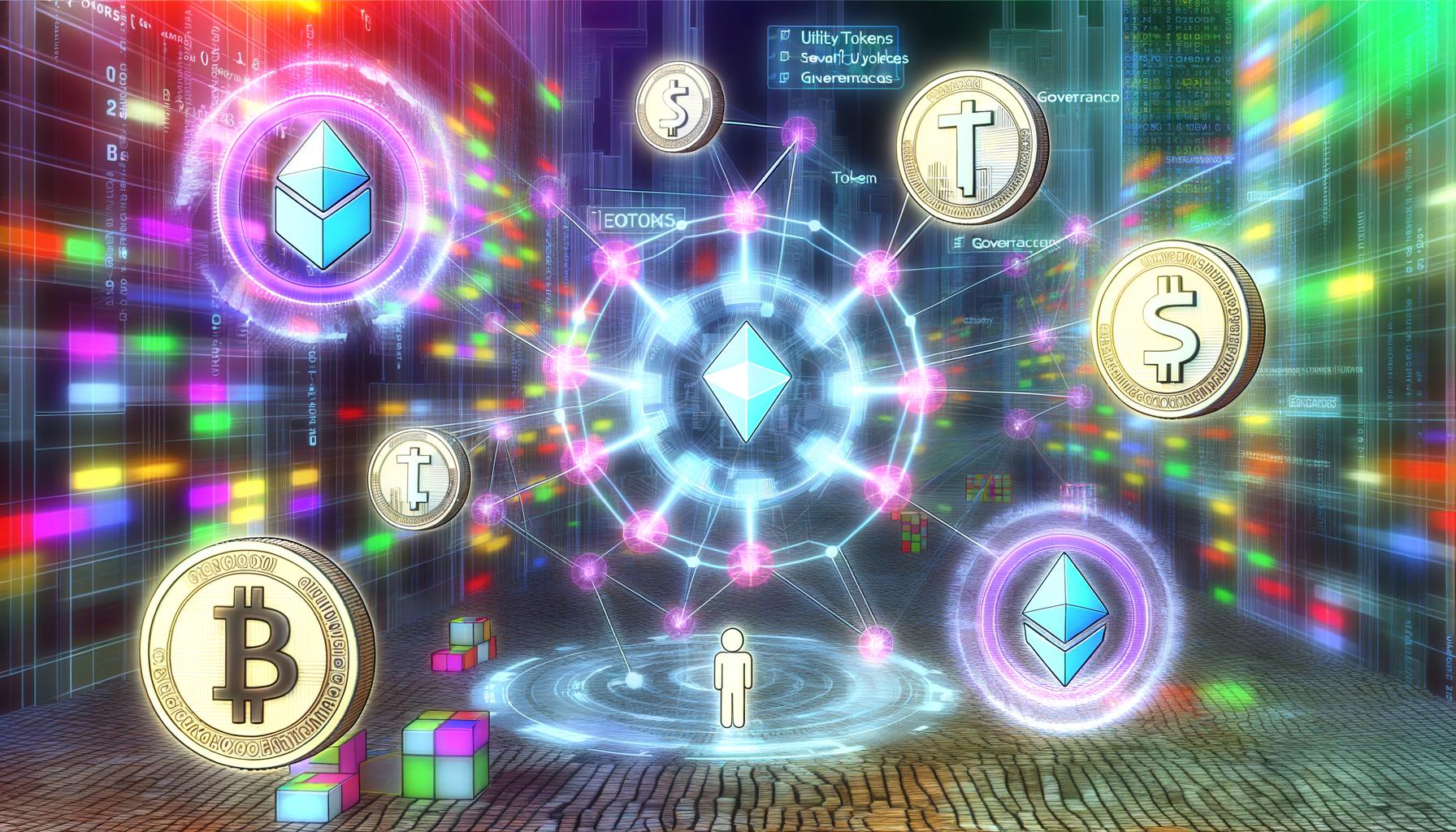 Futuristische Darstellung eines digitalen Marktplatzes mit bunten Token, Blockchain-Knoten, Smart Contracts und User-Avataren, die für Interaktionen Token-Belohnungen erhalten.