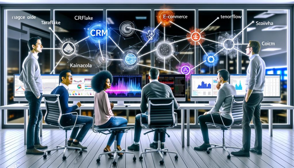 Im Vordergrund eines modernen Großraumbüros arbeitet ein Marketing-Team an Monitoren mit Daten-Dashboards und Machine-Learning-Modellen, während im Hintergrund Datenquellen und Tech-Logos digital verbunden sind.
