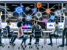 Im Vordergrund eines modernen Großraumbüros arbeitet ein Marketing-Team an Monitoren mit Daten-Dashboards und Machine-Learning-Modellen, während im Hintergrund Datenquellen und Tech-Logos digital verbunden sind.