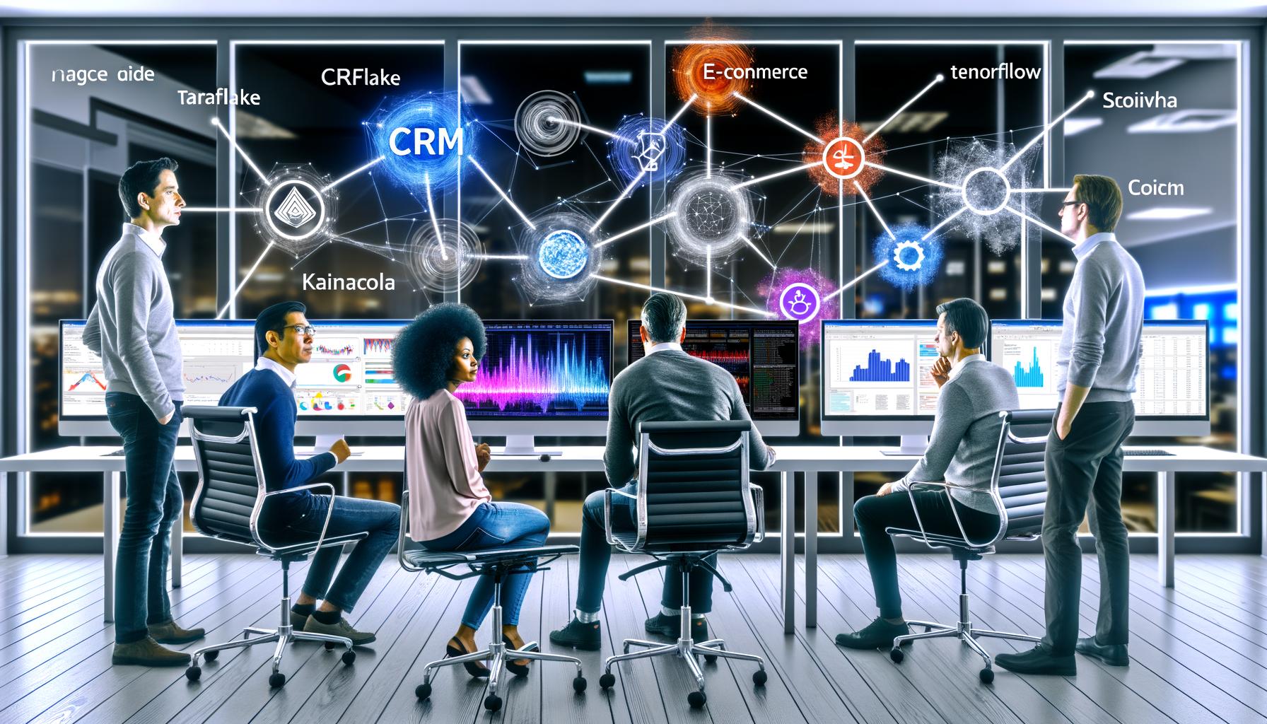 Im Vordergrund eines modernen Großraumbüros arbeitet ein Marketing-Team an Monitoren mit Daten-Dashboards und Machine-Learning-Modellen, während im Hintergrund Datenquellen und Tech-Logos digital verbunden sind.
