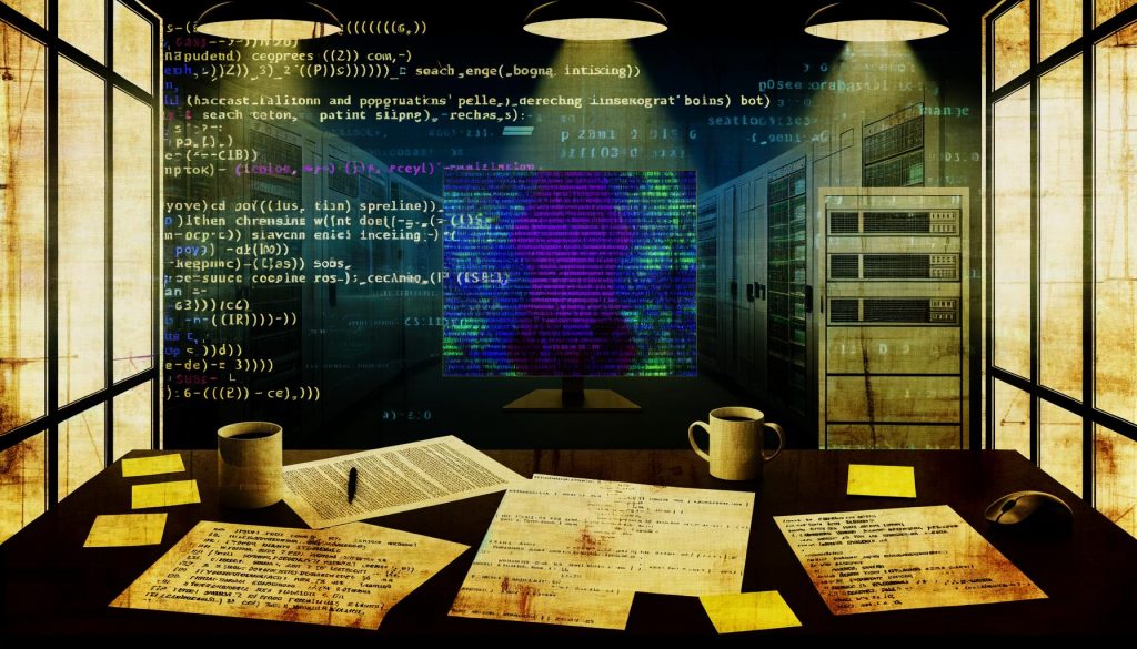 Horizontale Magazin-Collage mit leuchtendem Bildschirm voller Python-Code und Server-Logs, umgeben von Kaffee, Notizen und gedruckten Logdateien; im Hintergrund angedeutete Crawler-Bots und projizierte Analyse-Grafiken im industriellen Workspace.