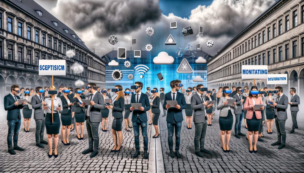 Geteilte Menschenmenge in einer deutschen Stadt: Skeptiker mit Protestschildern gegenüber technikbegeisterten Menschen mit digitalen Geräten und Symbolen moderner Technologien.