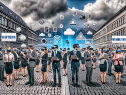 Geteilte Menschenmenge in einer deutschen Stadt: Skeptiker mit Protestschildern gegenüber technikbegeisterten Menschen mit digitalen Geräten und Symbolen moderner Technologien.