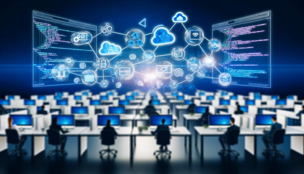 Futuristisches Open-Plan-Büro voller Marketer:innen mit digitalen Dashboards, Datenströmen und vernetzten Plattformen in blau-weißer Optik.