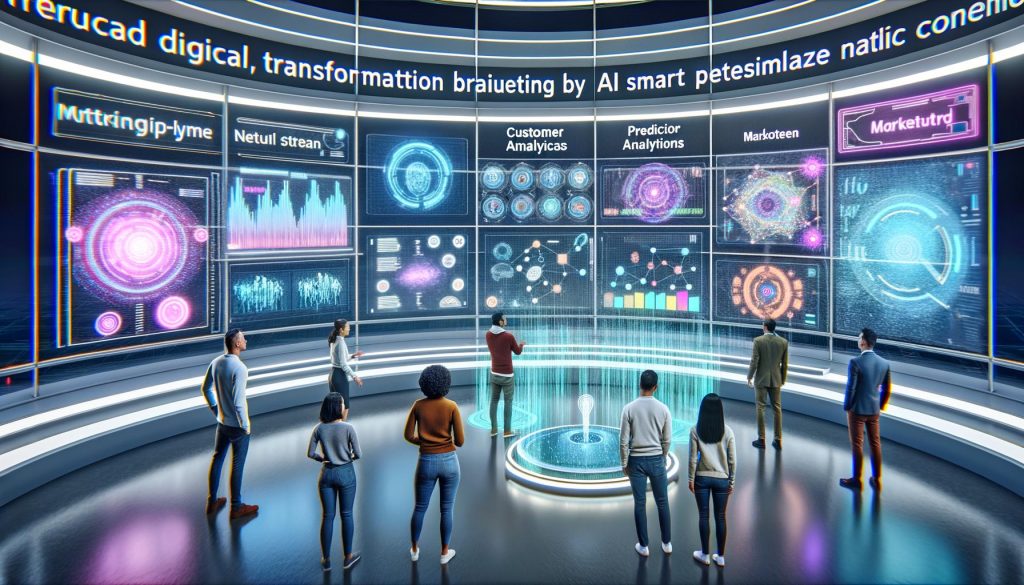 Futuristisch gestaltetes Marketing-Kontrollzentrum mit transparenten Touchscreens, Datenströmen, KI-Diagrammen und einer diversen Gruppe moderner Marketer und Data Scientists