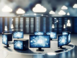 Hochmoderner Serverraum mit Serverracks, Monitoren und schwebenden digitalen Assets, verbunden durch Netzwerkverbindungen und Cloud-Elemente. Sicherheits- und Automatisierungssymbole in einer technologisch fortschrittlichen, futuristischen Umgebung.