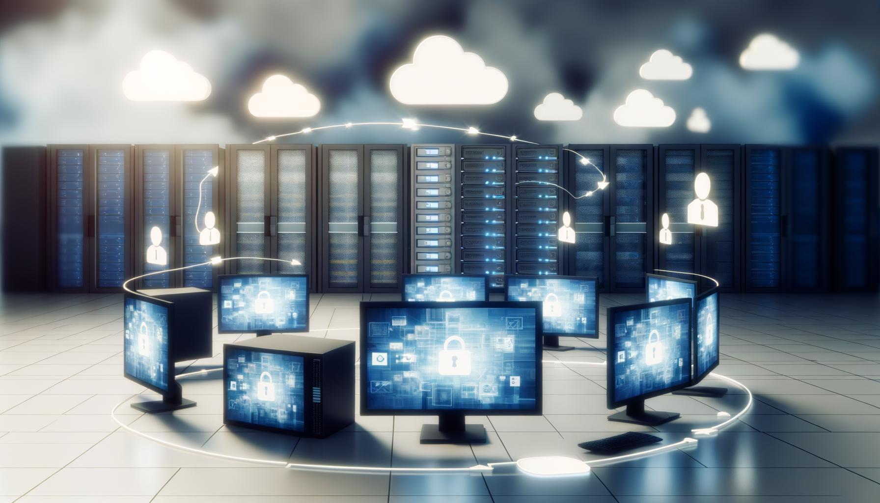 Hochmoderner Serverraum mit Serverracks, Monitoren und schwebenden digitalen Assets, verbunden durch Netzwerkverbindungen und Cloud-Elemente. Sicherheits- und Automatisierungssymbole in einer technologisch fortschrittlichen, futuristischen Umgebung.