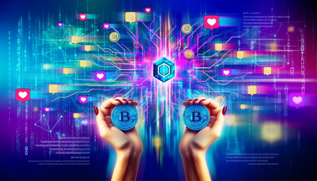Zwei Hände präsentieren stilisierte Blockchain-Token vor einem farbenfrohen digitalen Netzwerk mit klassischen Marketing-Icons wie Herz, Einkaufswagen und Sprechblasen.