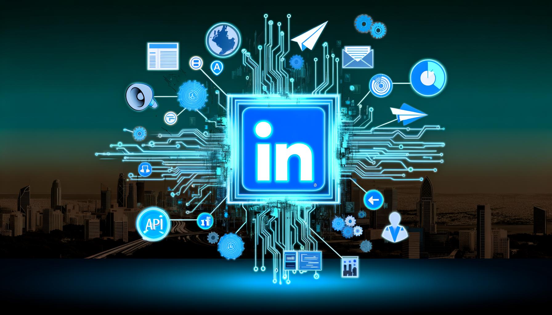 Modernes, leuchtend-blaues LinkedIn-Logo mit digitalen Datenströmen und Icons für Automatisierung, Werbung, Content-Posting und Datenanalyse, vor einer futuristischen Skyline.