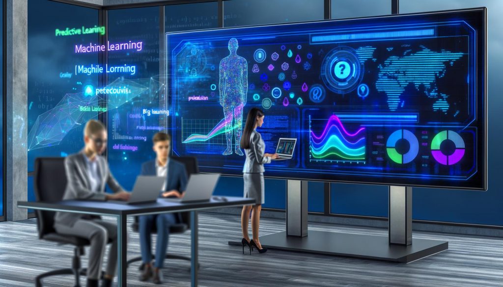 Junge Data Scientists arbeiten an Laptops vor einem großen Touchscreen mit digitalen Diagrammen, KI-Vorhersagekurven und holografischen Begriffen wie Machine Learning und Big Data in einem futuristischen Marketingbüro.