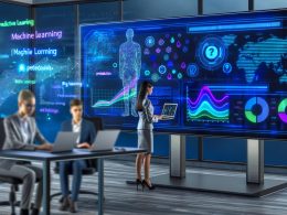 Junge Data Scientists arbeiten an Laptops vor einem großen Touchscreen mit digitalen Diagrammen, KI-Vorhersagekurven und holografischen Begriffen wie Machine Learning und Big Data in einem futuristischen Marketingbüro.