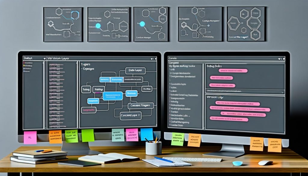 Zeitgemäßer Arbeitsplatz mit zwei Monitoren, die fortschrittliche Google Tag Manager Dashboards, strukturierte Datenlayer, Debugging-Werkzeuge und Consent-Management in einer organisierten Marketing-Umgebung zeigen.