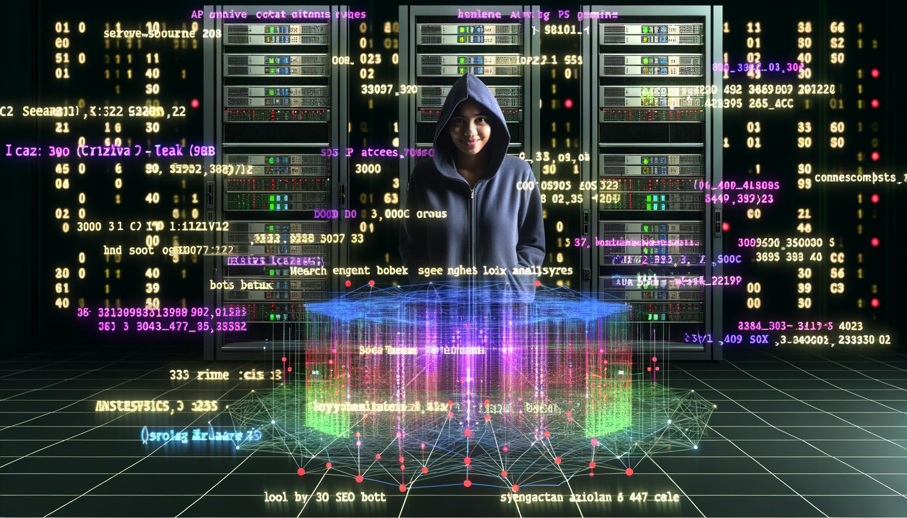 Serverraum mit blinkenden Webserver-Racks, Visualisierungen aus der Logfile-Analyse, Heatmaps, IP-Adressen, Botsymbolen und einem kritisch blickenden SEO-Analysten im Hoodie, umgeben von digitalen Zahlenströmen und Crawling-Pfaden.
