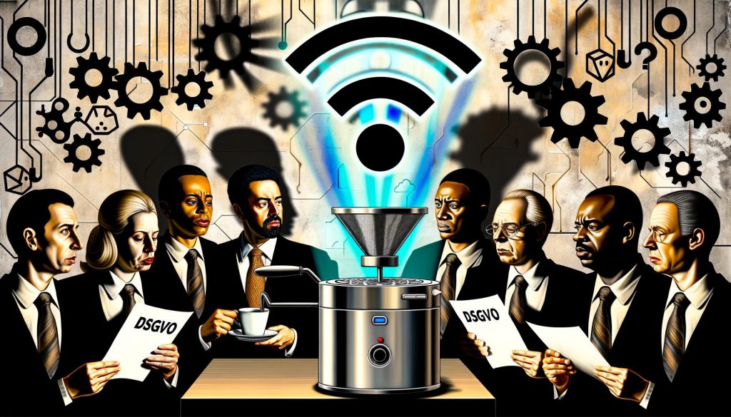 Editorial Illustration eines deutschen Büros mit Filterkaffeemaschine, die WLAN-Signale aussendet. Geschäftsleute in Anzügen wirken besorgt und halten DSGVO-Unterlagen, umgeben von digitalen Symbolen und Warnzeichen.