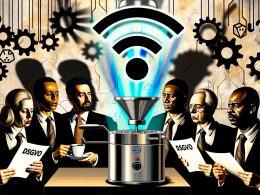 Editorial Illustration eines deutschen Büros mit Filterkaffeemaschine, die WLAN-Signale aussendet. Geschäftsleute in Anzügen wirken besorgt und halten DSGVO-Unterlagen, umgeben von digitalen Symbolen und Warnzeichen.