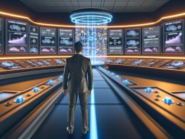 Futuristischer Kontrollraum mit digitalen Dashboards, leuchtenden Hologrammen von Conversion-Daten und einem fokussierten Marketingexperten vor Neon-Nachtbeleuchtung.