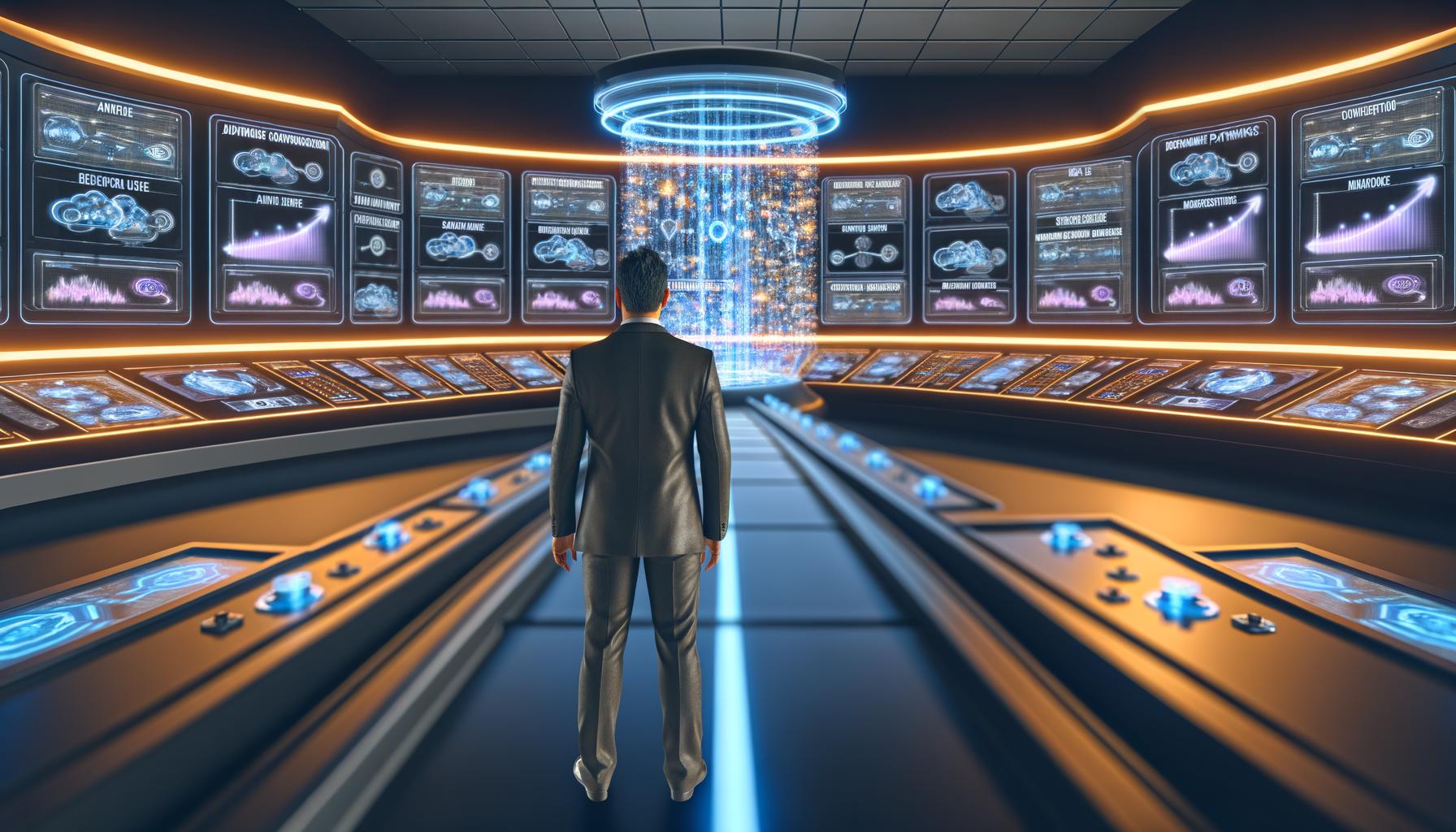 Futuristischer Kontrollraum mit digitalen Dashboards, leuchtenden Hologrammen von Conversion-Daten und einem fokussierten Marketingexperten vor Neon-Nachtbeleuchtung.
