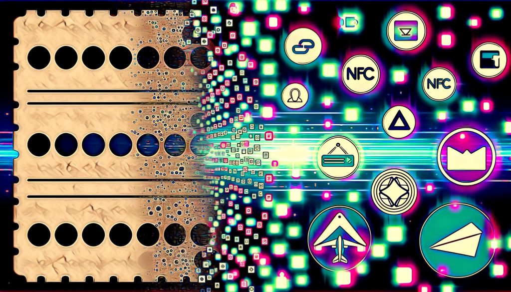 Digitale Collage mit sich auflösender Papp-Stempelkarte, leuchtenden Blockchain-Ketten, NFT-Icons und Token-Symbolen, umgeben von retro und futuristischen Loyalty-Elementen.