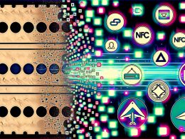 Digitale Collage mit sich auflösender Papp-Stempelkarte, leuchtenden Blockchain-Ketten, NFT-Icons und Token-Symbolen, umgeben von retro und futuristischen Loyalty-Elementen.