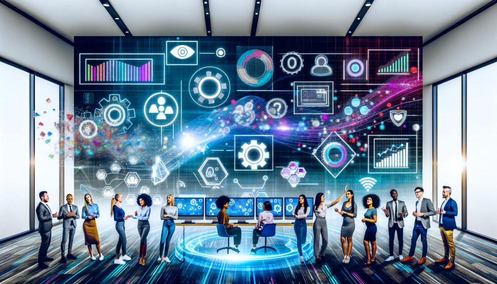 Futuristisch gestalteter Workspace, in dem ein diverses Marketing-Team an pulsierenden Dashboards mit Datenvisualisierungen, KI-Icons und Codezeilen arbeitet. Im Hintergrund sind neuronale Netzwerke und Algorithmus-Flows zu sehen.