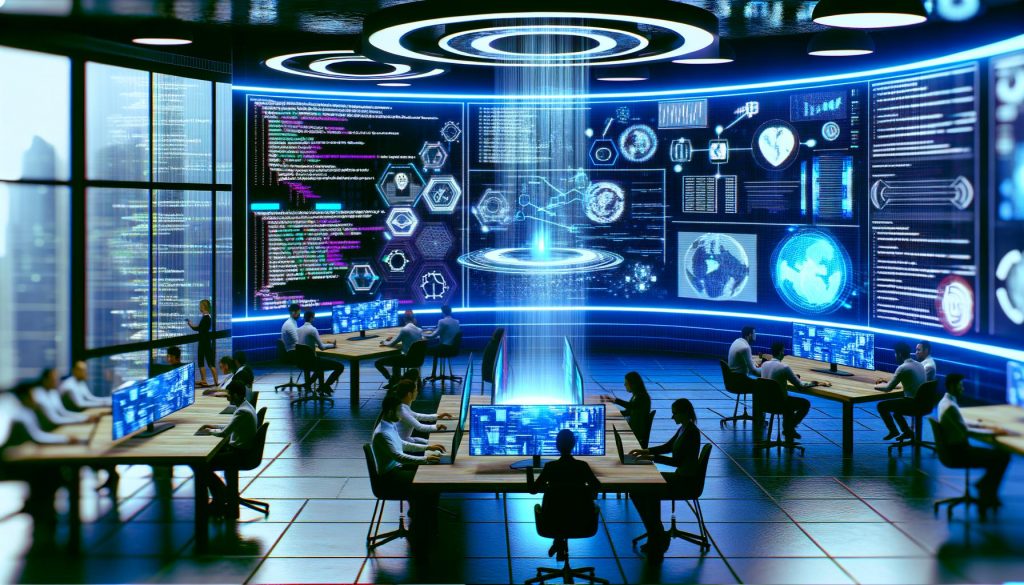 Futuristischer Arbeitsplatz mit Marketing- und Entwicklerteams vor LinkedIn-API-Diagrammen und Code auf großen digitalen Bildschirmen, betont durch neonblaue Akzente und eine moderne, professionelle Atmosphäre.