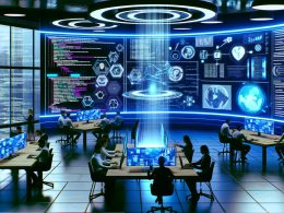 Futuristischer Arbeitsplatz mit Marketing- und Entwicklerteams vor LinkedIn-API-Diagrammen und Code auf großen digitalen Bildschirmen, betont durch neonblaue Akzente und eine moderne, professionelle Atmosphäre.