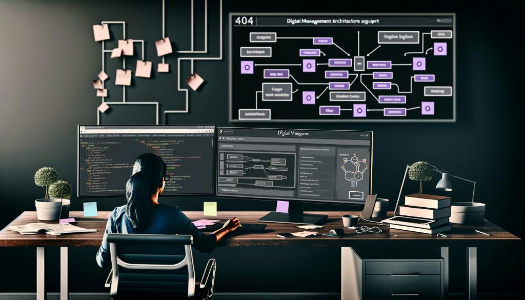Digitalmarketing-Experte prüft in einem modernen Workspace Google Tag Manager Setups auf zwei Monitoren, mit Mindmap, Flussdiagrammen und Debug-Fenster, im Kontrast zu unordentlichen Kabeln im Hintergrund.