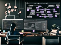 Digitalmarketing-Experte prüft in einem modernen Workspace Google Tag Manager Setups auf zwei Monitoren, mit Mindmap, Flussdiagrammen und Debug-Fenster, im Kontrast zu unordentlichen Kabeln im Hintergrund.
