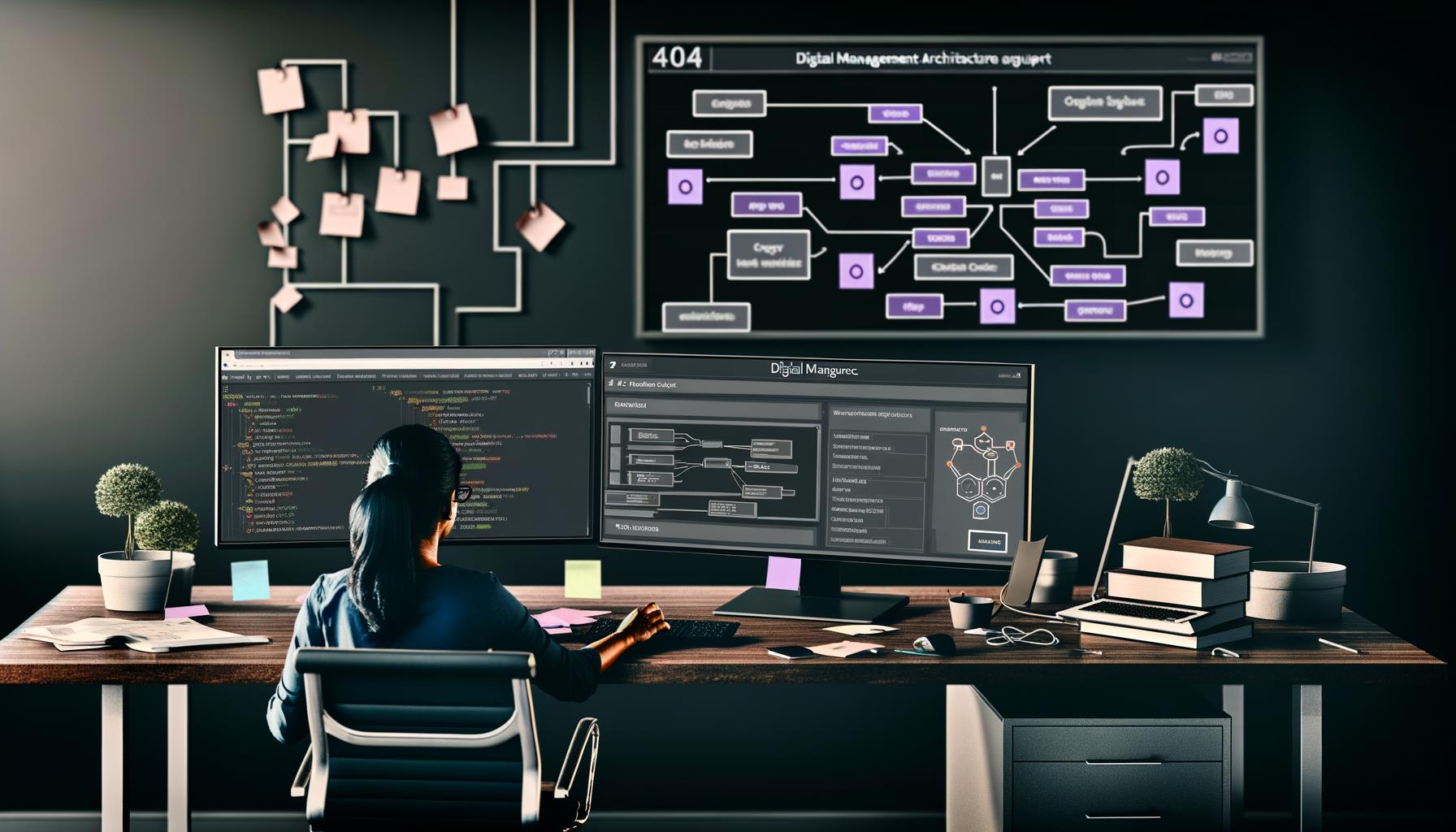 Digitalmarketing-Experte prüft in einem modernen Workspace Google Tag Manager Setups auf zwei Monitoren, mit Mindmap, Flussdiagrammen und Debug-Fenster, im Kontrast zu unordentlichen Kabeln im Hintergrund.