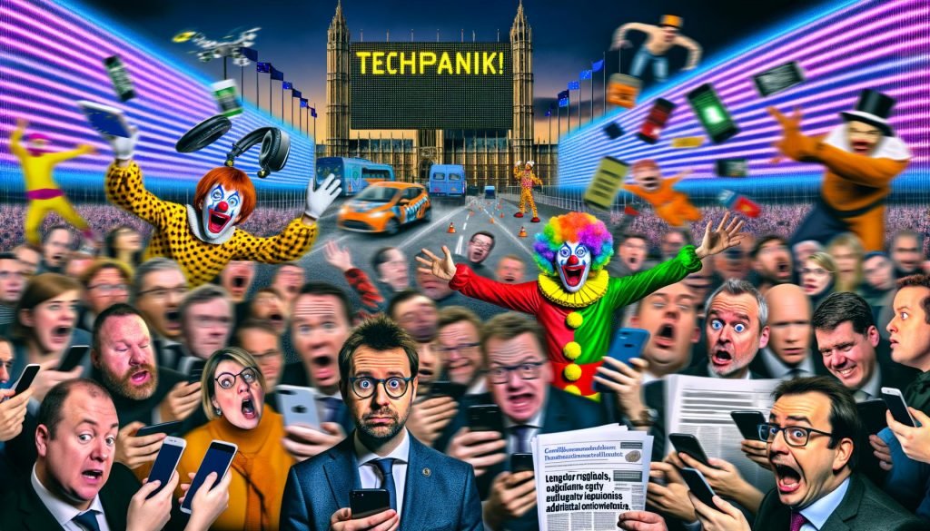 Satirische Zirkusszene mit Clowns-Politikern, Journalisten und Lobbyisten, die Smartphones, GDPR-Dokumente und Protestschilder zu Datenschutz und KI schwenken, dazu ein erstaunter Geschäftsmann vor einem brennenden Techpanik-Schild und verschwommene deutsche Wahrzeichen im Hintergrund.