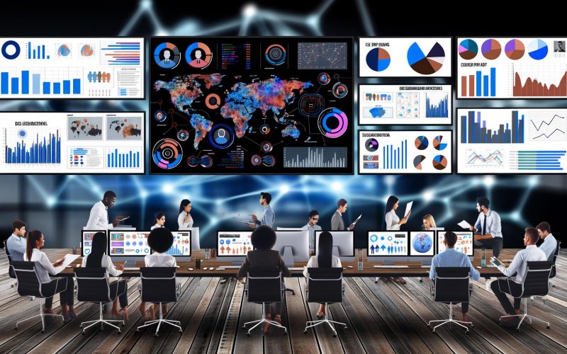 Marketing-Profis unterschiedlichen Alters analysieren Daten auf mehreren großen digitalen Bildschirmen mit anschaulichen Grafiken und Statistiken.