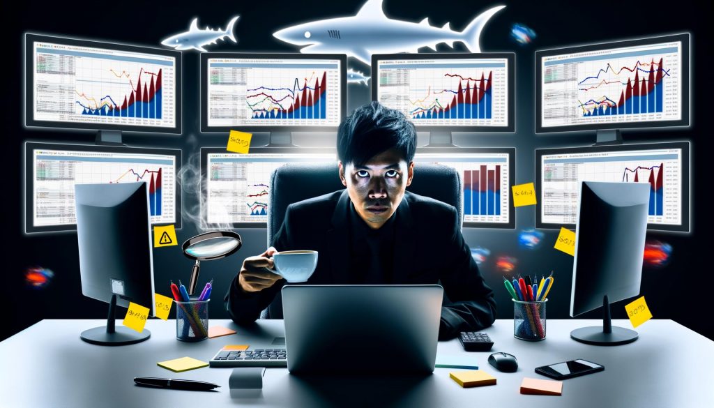 Analyst an Schreibtisch mit Kaffeebecher vor Monitoren, die Google Crawlstatistik zeigen, umgeben von Notizen und digitalen Lupen, im Hintergrund digitale Haifischflossen als Sinnbild für den SEO-Konkurrenzkampf.