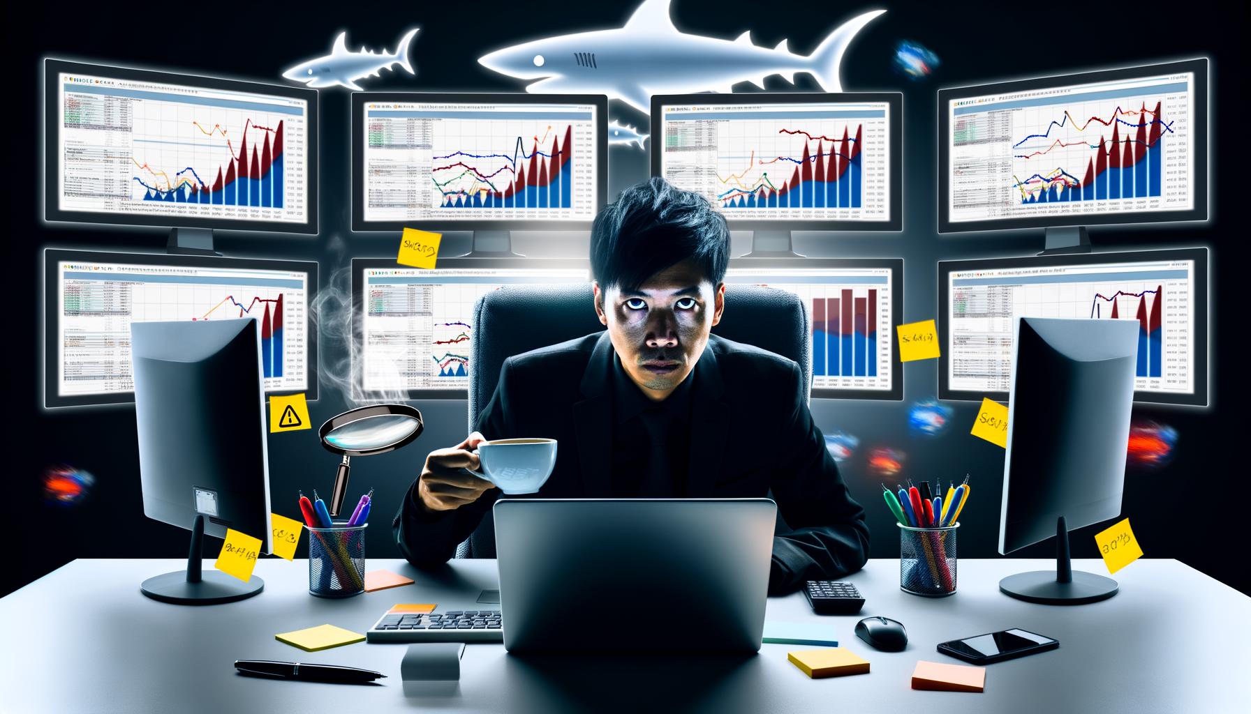 Analyst an Schreibtisch mit Kaffeebecher vor Monitoren, die Google Crawlstatistik zeigen, umgeben von Notizen und digitalen Lupen, im Hintergrund digitale Haifischflossen als Sinnbild für den SEO-Konkurrenzkampf.