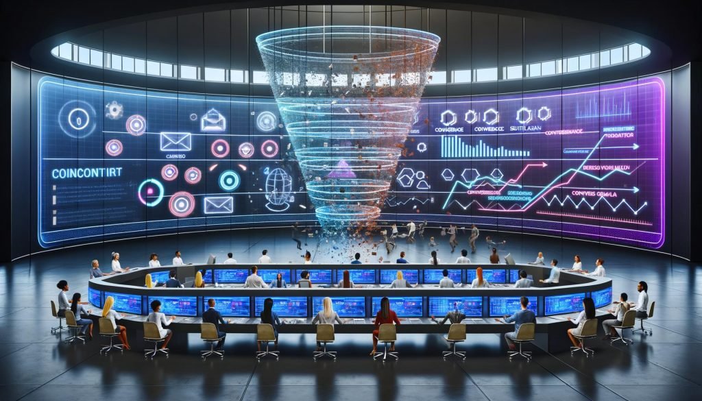 Futuristisches Marketingteam in Kontrollraum mit transparenten Screens, Hologrammen und KI-Analytics, die eine innovative E-Mail-Strategie visualisieren.